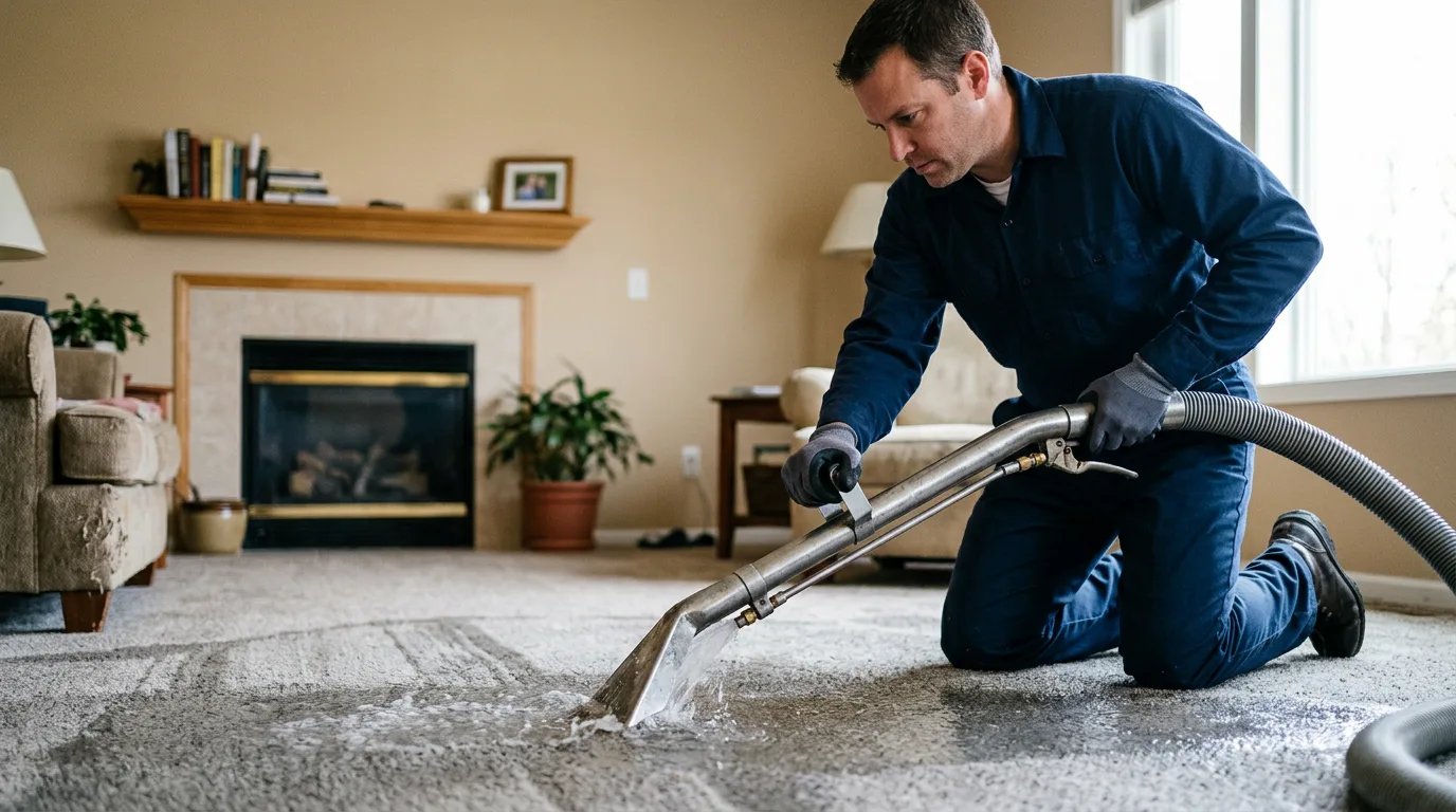 Water damage restoration technician working near Hills, IA